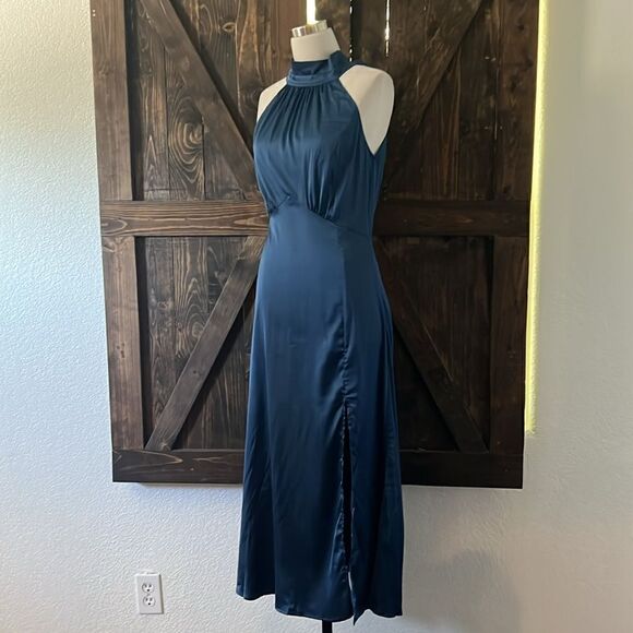 Satin Fall Solid Color Sexy High Waist Slit Neck Evening Dress Homecoming Dress - Picture 7 of 15